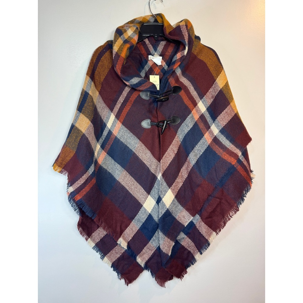 Collection Eighteen Raspberry Plaid Poncho Wrap Toggle Button Boho Cape Layering